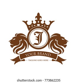 lion head J logotype with crown vector - gold color
