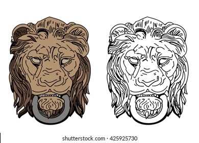 Lion Head Knocker Door, architectural element. Graphic sketch.