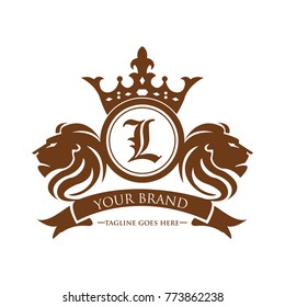 lion head L logotype with crown vector - gold color