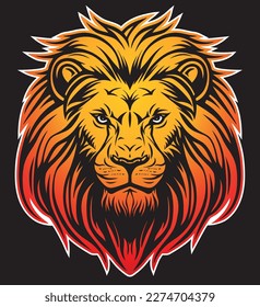 Lion head line art vector illustration isolated on dark background. Lion face with mane hair logo design.