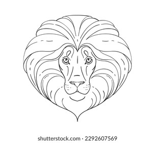 Lion head line drawing, vector icon, outline logo, zodiac symbol for astrology, minimalistic tattoo, wild animal portrait isolated on white background.