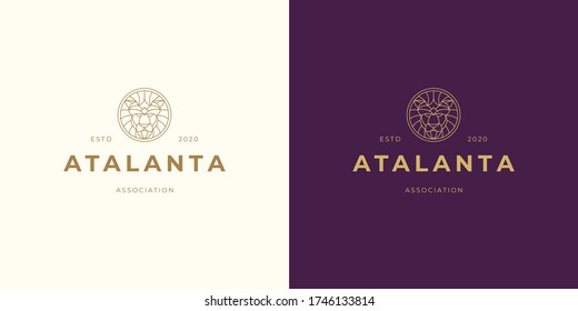 Lion head line symbol vector logo emblem design template illustration simple minimal linear style. Outline graphics for business branding and royal company.
