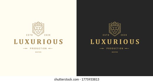 Lion head line symbol vector logo emblem design template illustration simple minimal linear style. Outline graphics for business branding and royal company.