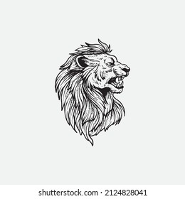 Lion Head Lineart Illustration Isolated In White Background.