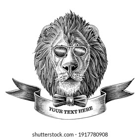 The lion head logo with banner hand draw vintage engraving illustration black and white clip art isolated on white background