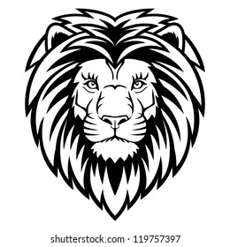 A Lion head  logo in black and white. This is vector illustration ideal for a mascot and tattoo or T-shirt graphic.