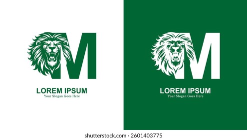 Lion head logo design with front view and combined with the letter M