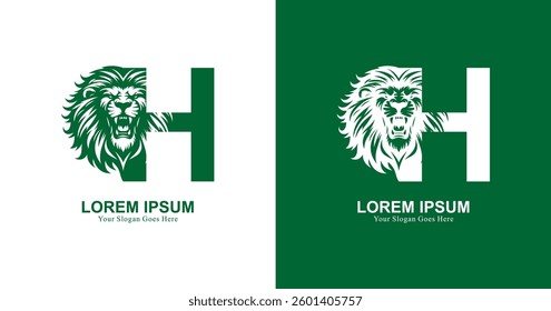 Lion head logo design with front view and combined with the letter H