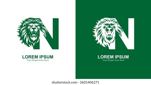 Lion head logo design with front view and combined with the letter N