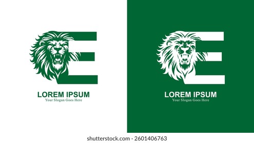 Lion head logo design with front view and combined with the letter E