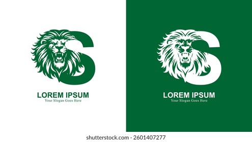 Lion head logo design with front view and combined with the letter S