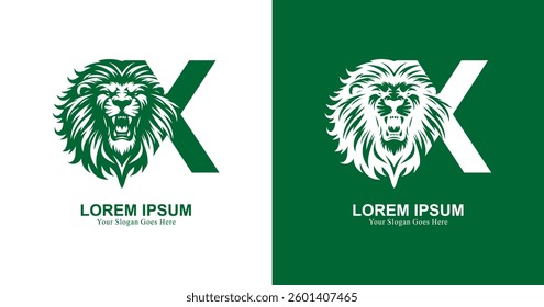 Lion head logo design with front view and combined with the letter X