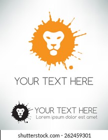 Lion head logo design. Ink splatter beast concept icon.