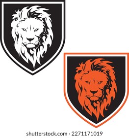 diseño del logo de la cabeza de león. rey león. león con escudo, vector de diseño de logotipo de león