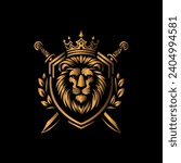 lion head logo design with sword and shield elements