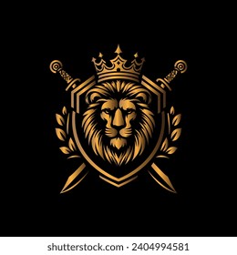 diseño del logotipo de la cabeza de león con elementos de espada y escudo