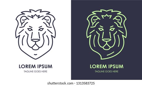Lion head logo design template. Lion king elegant line icon. Linear pictogram for wildlife or zoo. Vector illustration isolated on white.