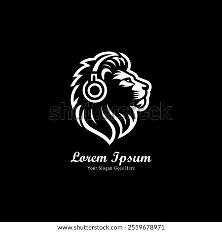 Lion head logo design wearing headphones with side view