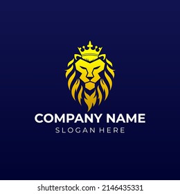 Lion Head Logo designs concept vector. Royal Lion with crown icon logo. King of  jungle logo template isolated on black background