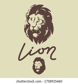 Lion head logo. Dots engraving template vector icon.