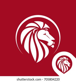 Lion head logo emblem or icon in one color. Inversion version included. Stock vector illustration.