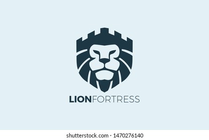 Lion head logo formed fortress and shield symbol