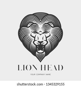 Lion head logo or icon in one color. Roaring animal head. Stock vector emblem.