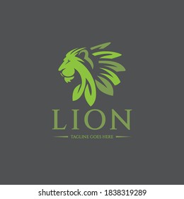 Logo de la cabeza de león. Icono de hoja. Ilustración del vector