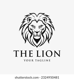 Lion head logo, line art, abstract, black and white, vintage simple design template vector illustration