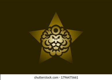 Lion head logo with mane ornament in star frame. On the lion forehead there is a circle for placing the initials of a product or business. Logos usable for luxury products like jewelry, hotel, etc. 