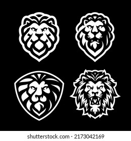 Lion head logo set on dark background. Emblem silhouette collection. Vector illustration