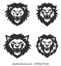 lion head logo set, vector illustration collection, lion silhouette emblem, majestic wild animal mascot design for branding and identity