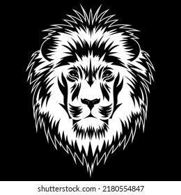 Lion head logo silhouette. Hipster animal emblem for t shirt design. Black vintage tattoo. Mascot big cat for sport game team. On the dark background. Vector illustration.