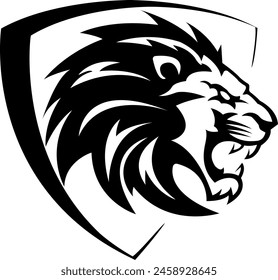 lion head logo, simple logo in black and white