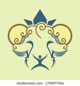 Lion head logo with swan, people, sun and crown symbol. Minimalist logo concept design. Animal logo. Nature symbol. Eps 10