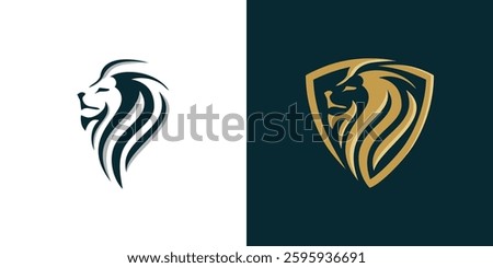 Lion head logo vector silhouette, shows power and strength Lion head shield logo icon. Luxury Lion King Premium Logo Design Inspiration