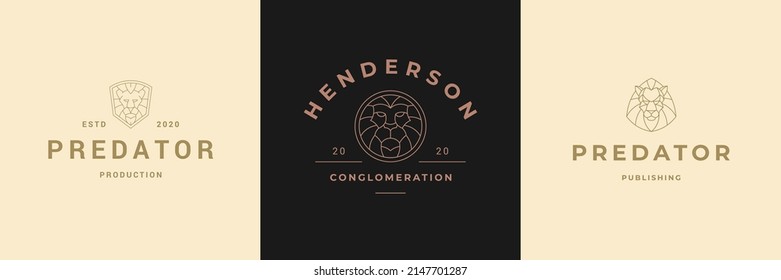 Lion head logos templates set linear vector illustration. Elegant emblems design designed for successful business brand or luxury products packaging line art style.