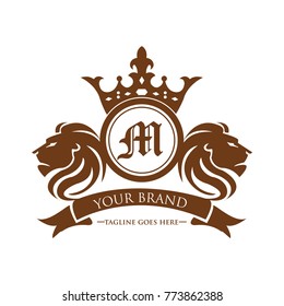 lion head M logotype with crown vector - gold color