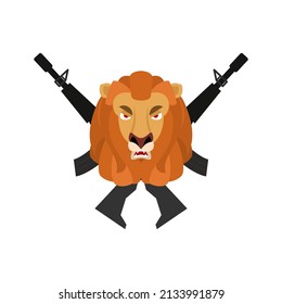 Lion head and machine guns. Hunter sign. Beast muzzle and weapons. Hunter logo