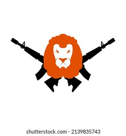 Cabeza de león y ametralladoras. Signo de caza. Bestias y armas. Logo de Hunter