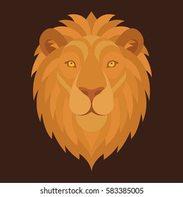  Lion head with mane. Vector lion face isolated on dark brown background. Graphic illustration. Cartoon character. Flat vector illustration for t-shirt print, notebook or poster design. 