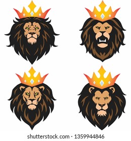 Lion Head Mascot Set with Crown Vector Logo Design Template