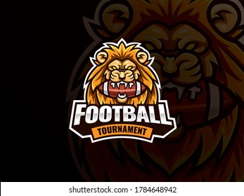 Lion head mascot sport logo design. American football mascot vector illustration logo. Lion bit the ball, Emblem design for sports team and competition. Vector illustration