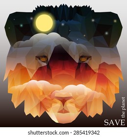 lion head with mountains and night sky with clouds, moon and stars. Concept illustration on the theme of protection of nature and animals for design card, invitation, poster, placard or banner