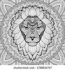 Lion head on an abstract background. An adult lion is drawn by hand. Ethnic plant pattern. Anti-stress coloring. Psychedelic drawing illustration.