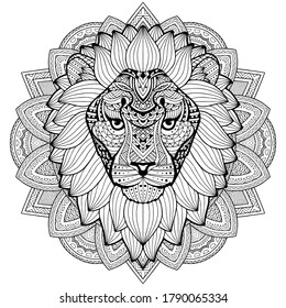 Lion head on an abstract background. An adult lion is drawn by hand. Ethnic plant pattern. Anti-stress coloring. Psychedelic drawing illustration.