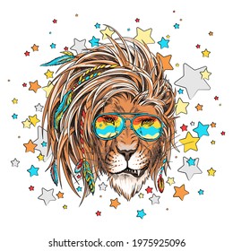 Lion head on a background of stars. Image for printing on any surface