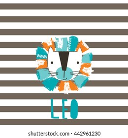 lion head on striped background, T-shirt design for kids vector illustration