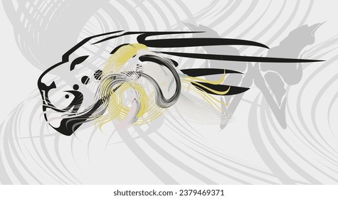 Lion head on a wavy gray backdrop for textiles or fabrics. Character lion profile for posters or wallpaper, textiles, fashion trends, interior solutions, covers, emblems, prints on T-shirts, etc.
