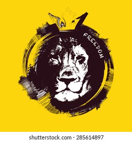 Lion head on yellow background. Hand drawn. vector illustration.